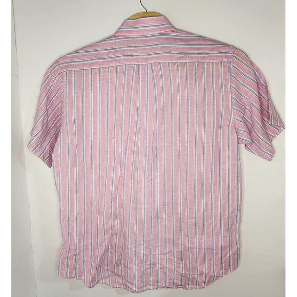 Brooks Brothers 100% Linen Mens Size‎ L Short Sleeve Button Down Pink Striped - Picture 2 of 7